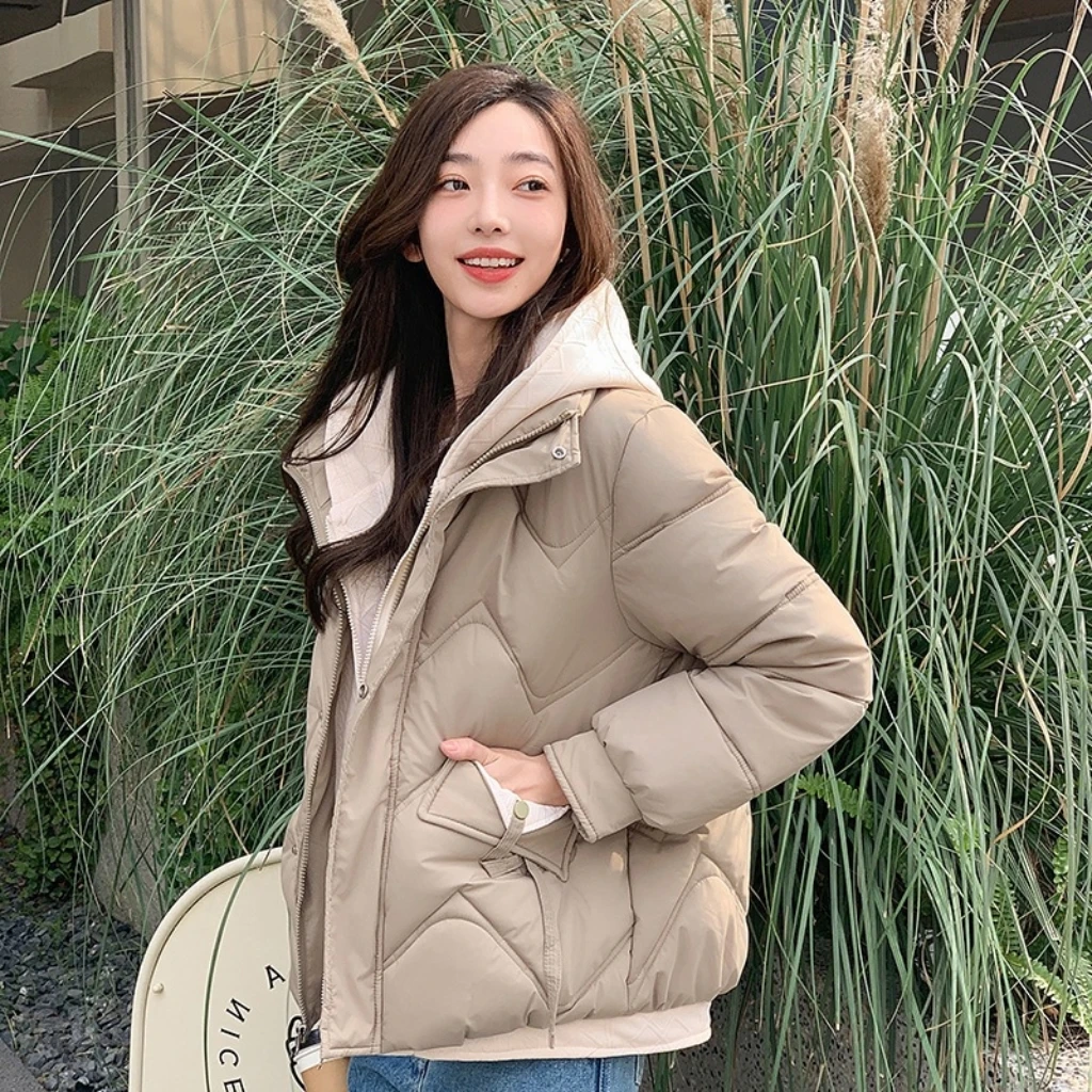 한국 스타일 후드 숏 코튼 패딩 재킷 여성용 두꺼운 따뜻한 루즈핏 페이크 투피스 스타일 학생 친화적