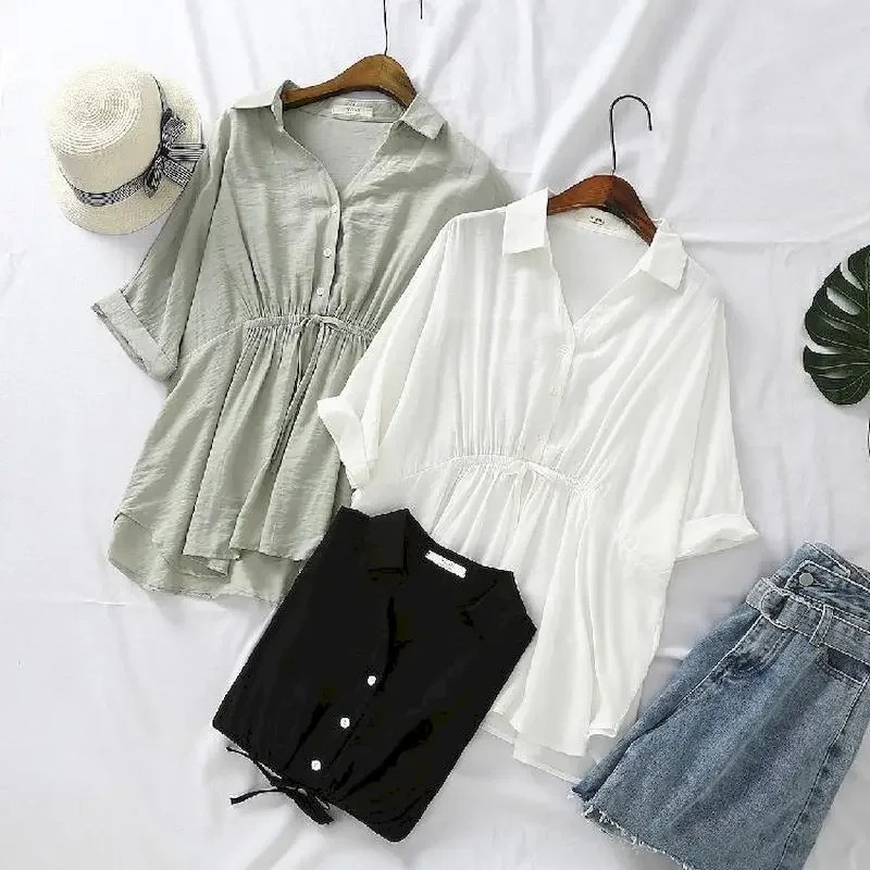 Koreaanse losse blouses damesmode trekkoord v-hals effen kleur korte mouw trui shirt zomer trend slanke dunne drop blouse