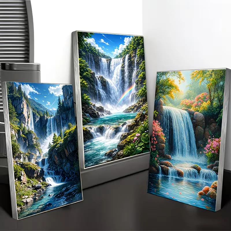 3Pcs Frameless DIY 5D Diamond Painting Kit Forest Waterfall Natural Landscape Full Drill Triptych Mosaic Diamond Embroidery Art
