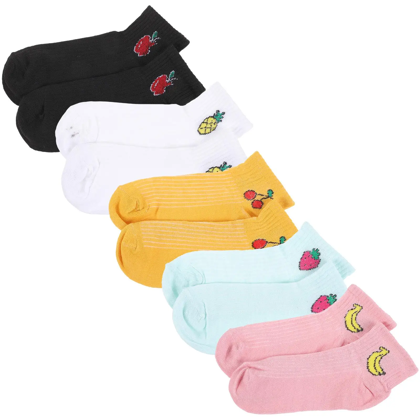 

5 Pairs Women Ankle Socks Cotton Crew Fashion Ruffles Fruit Pattern Comfortable Sweat Absorbent Elastic One Size Fits Most Easy