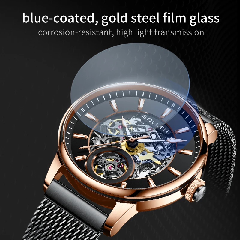 Luxury SOLLEN Men's Automatic Mechanical Watch Waterproof Luminous Hands Dual Skeleton Design Full Steel Mesh Band Clocks SL208