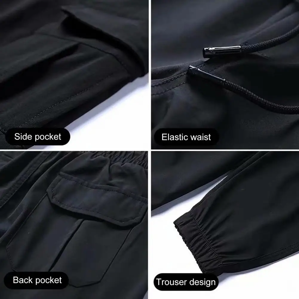 

Solid Color Trousers Men's Loose Fit Cargo Pants with Ankle-banded Drawstring Waist Solid Color Plus Size Pockets for Fitness