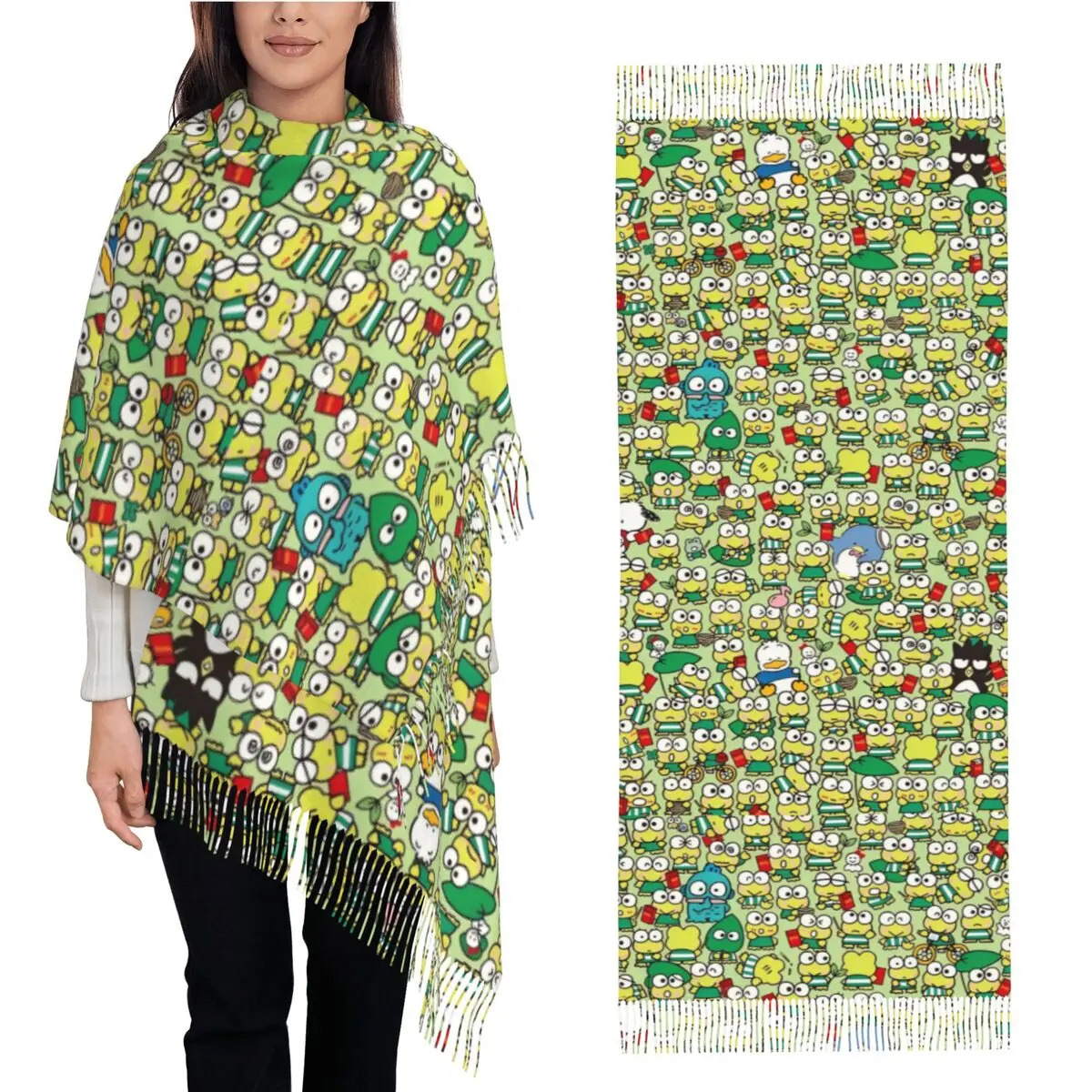 Écharpe de dessin animé Sanurgente Keroppi pour femme, châles chauds et doux, écharpes à long pompon, écharpes animales rétro, automne, foulard de créateur