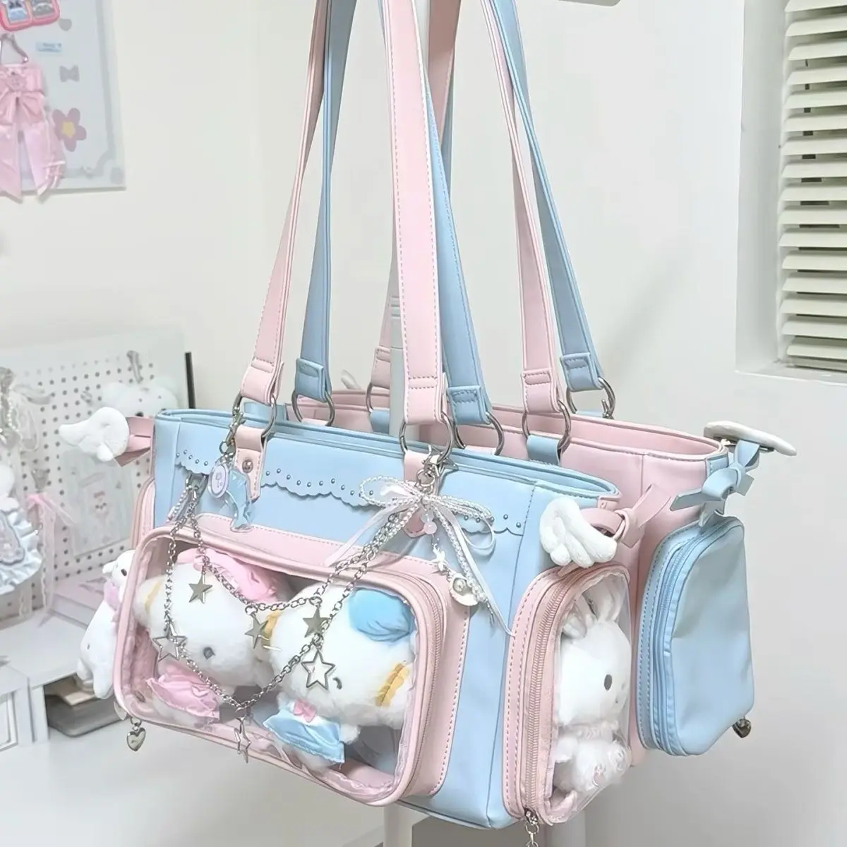 Japanese Harajuku Star Chain Tote Bag Women Leather Large Capacity Transparent Ita Bag Ladies Commute Versatile Shoulder Bag New