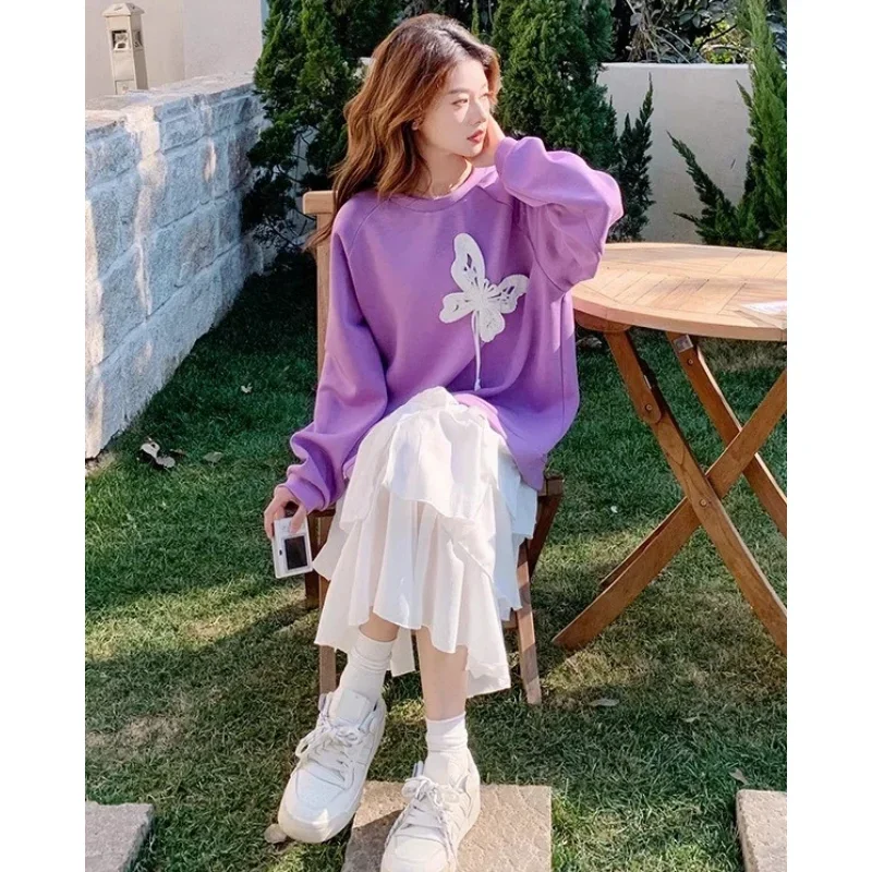 

Весенне-осенний женский фиолетовый свитшот с бабочкой, сетчатая юбка, искусственное платье из двух предметов, женские корейские повседневные лоскутные платья с длинными рукавами