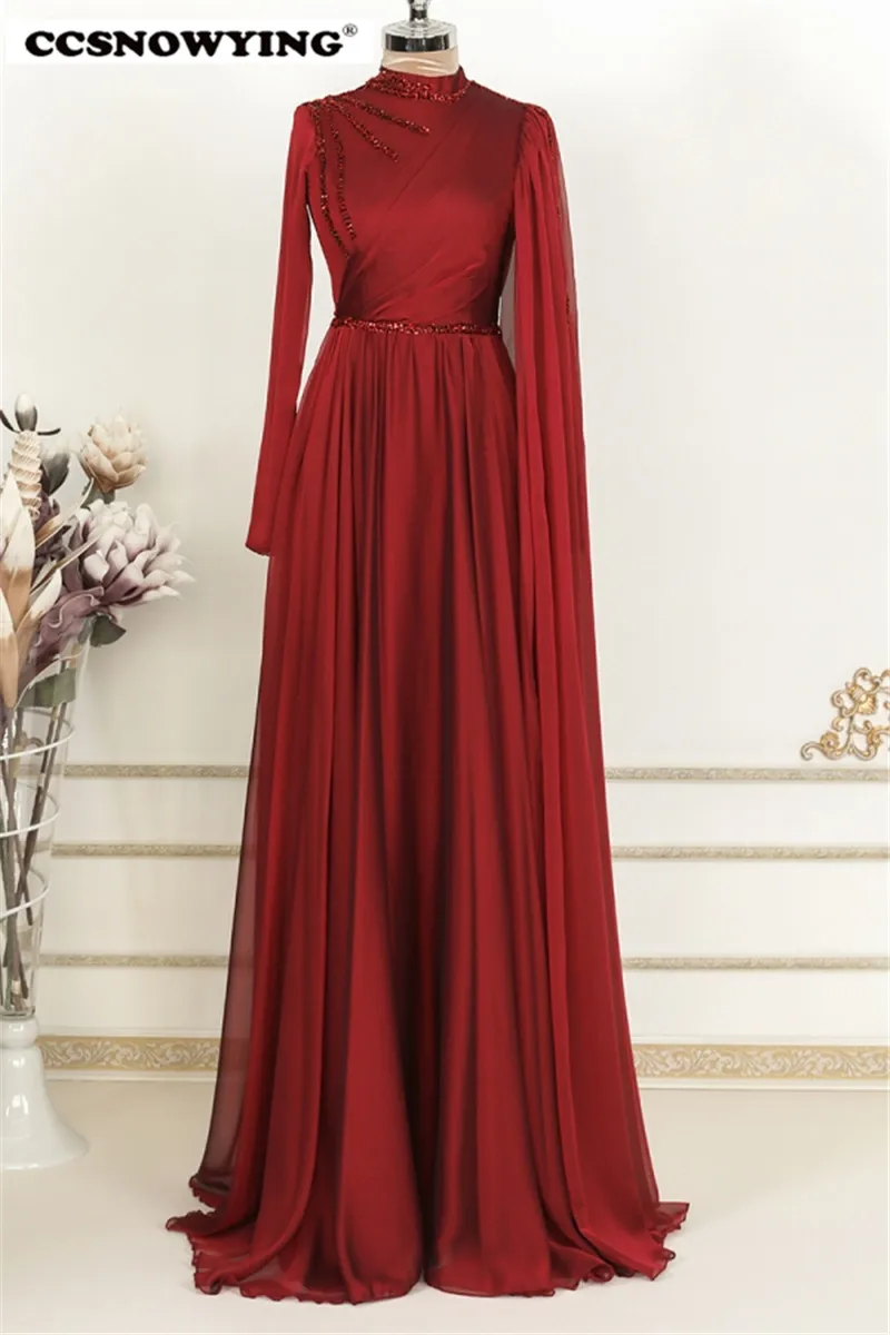 

Red Chiffon Muslim Evening Dresses Arabic Dubai Long Sleeve Hijab Formal Party Gown Moroccan Caftan Robe De Soiree