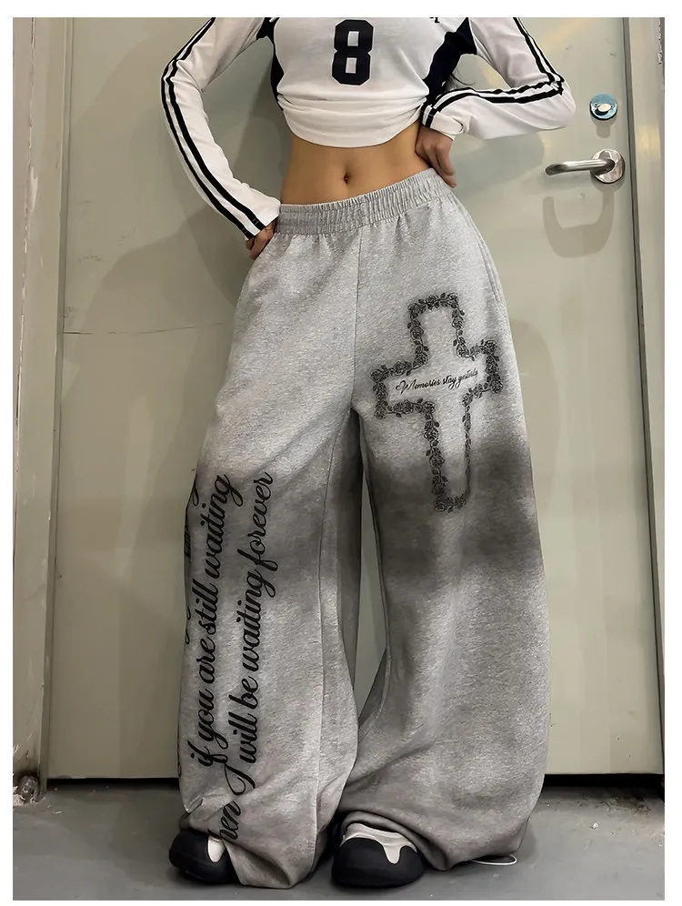 ZHIZOU Women Gray Gothic Baggy Y2k Letter Print Pants Harajuku 2000s Vintage Oversize Sweatpants Wide Leg Trousers Autumn 2026
