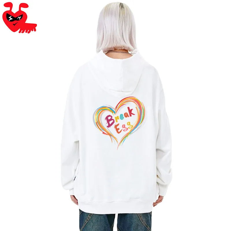 Break Egg Women Zipper Hoodie Cotton Cartoon  Ant Embroidery Colored Hollow Heart Printed Pocket Loose Wool Autumn Casual Hoodie