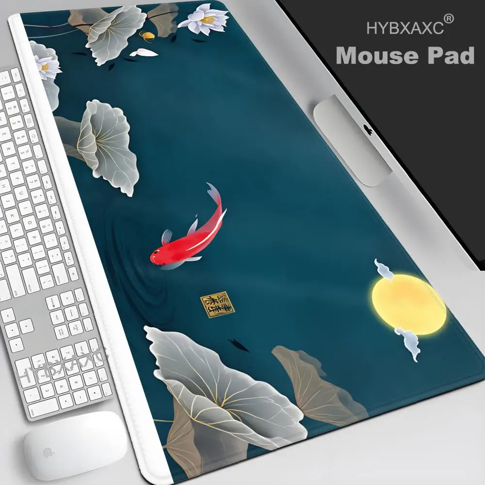 

HYBXAXC Japanese Desk Mat Green Gold Mousepad Koi Fish Sun Cloud Japan Art Seal Sunrise Dark Sunset Mouse Pad Gaming Deskmat