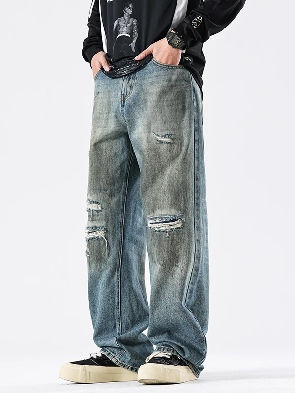 

Мужские джинсы в стиле ретро, американского кроя, свободные, прямые, из денима, с нашивками, с эффектом потертости, из хлопка, повседневные, модные, для города