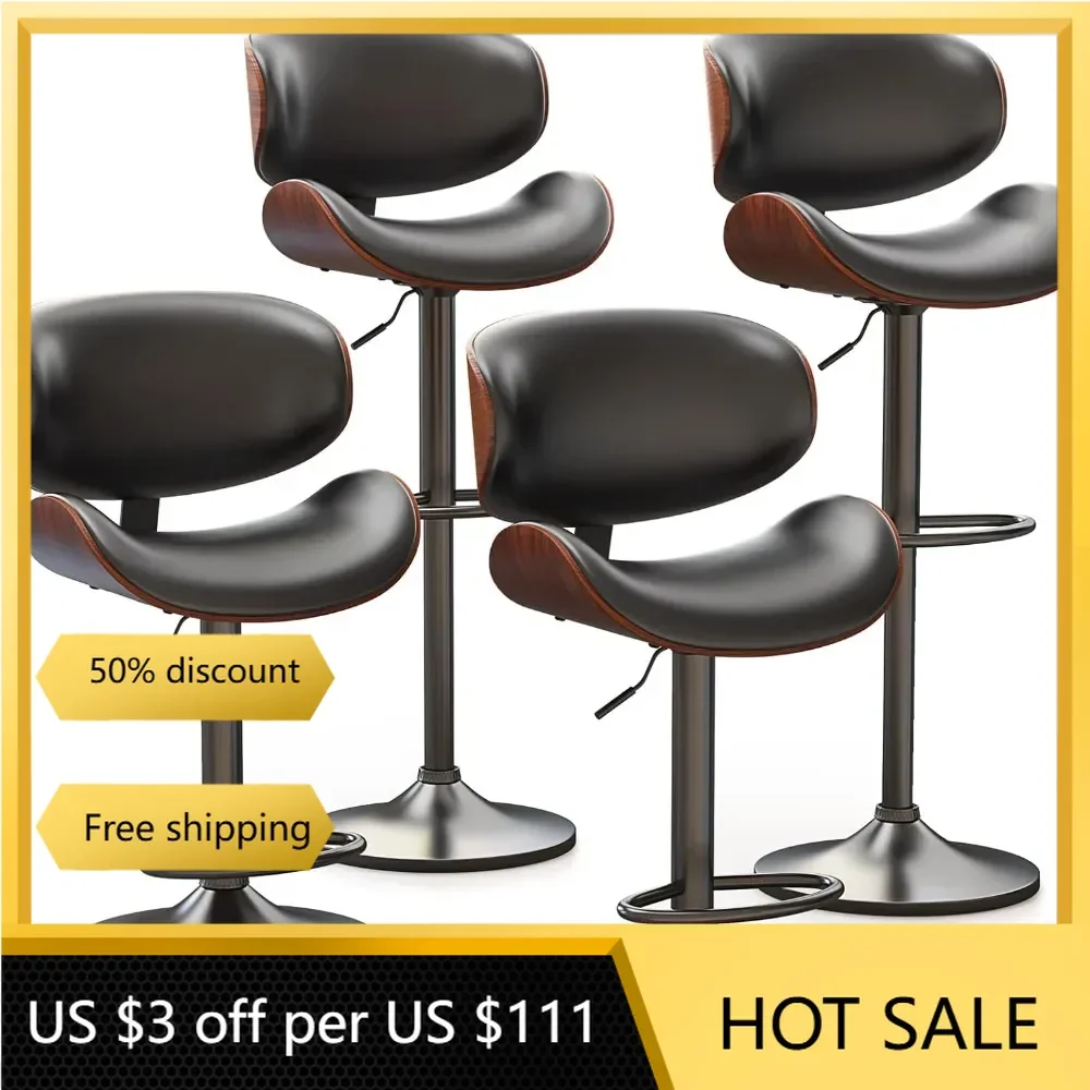 

Bar Stools Set of 4, Bentwood Adjustable Height Swivel Bar Stools, PU Leather Upholstered Bar Chair with Back and Footrest