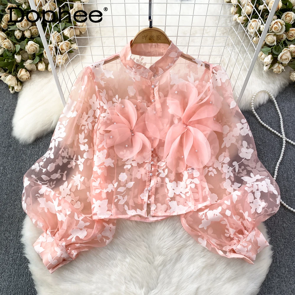 Vintage Court Style3D Flower Lantern Long Sleeve Stand Collar Single-Breasted Organza Shirt 2024 Spring Summer Women Tops