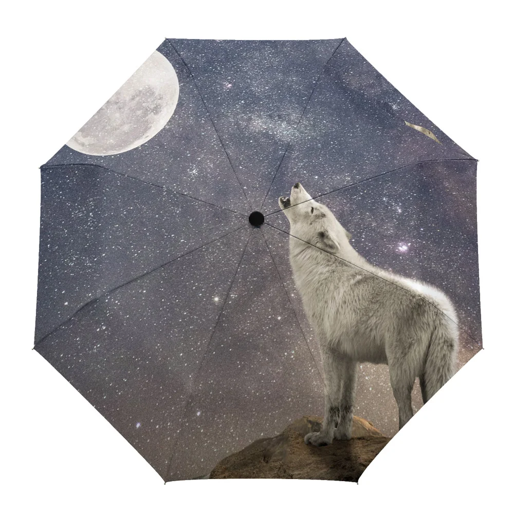 Howling Wolf Moon Night Starry Sky ร่มฝนผู้หญิงอัตโนมัติสามพับร่ม Windproof Parasol Parapluie