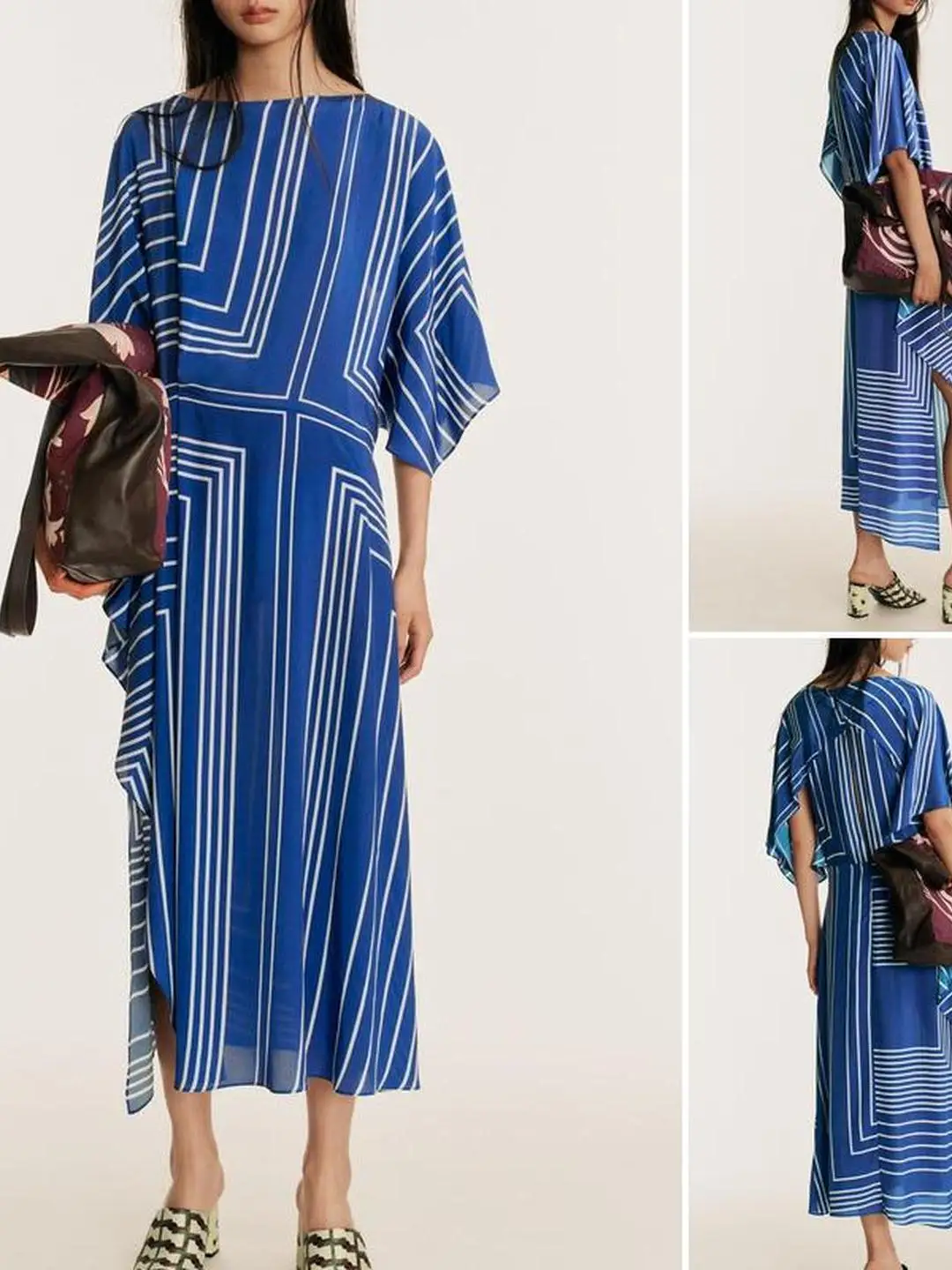 Elegant Striped Dress with Layered Ornamentation And One-Shoulder Design in Soft Georgette Fabric for Women 2026 Fashion Trend