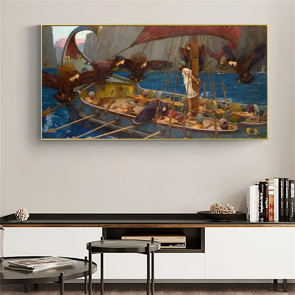 Vintage Canvas Painting John William Waterhouse Ulysses And The Sirens 1891 Retro Oil Painting Prints Canvas Painting Decor