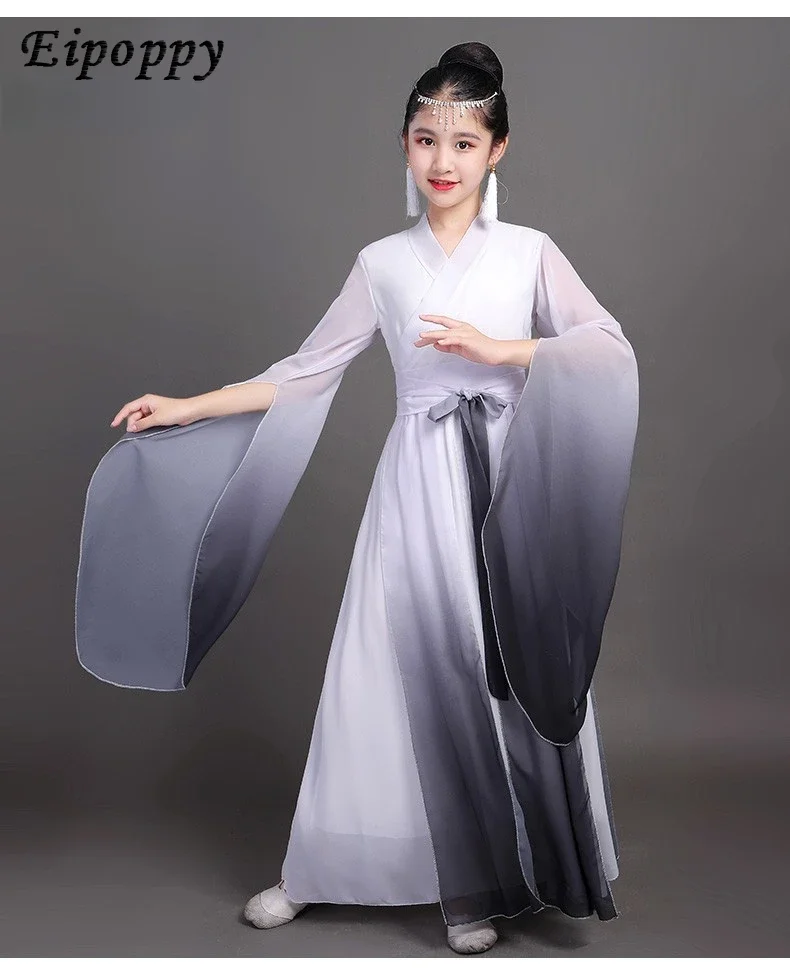 Children's Guzheng Performance Costume Long White Silk Sleeves Chinese Classical Dance Han Chinese Clothing Performance Wear