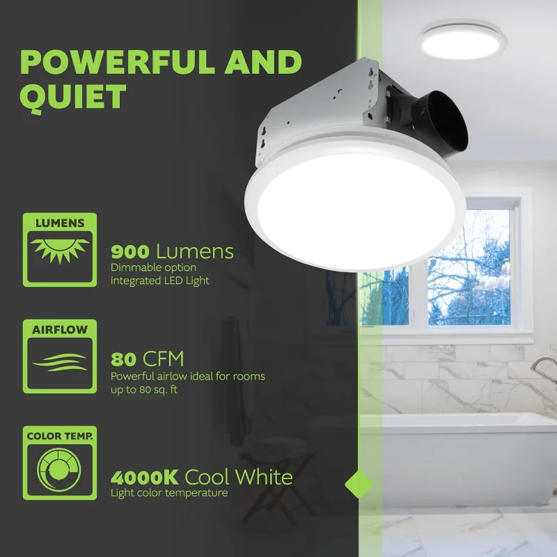 Homewerks 7141-80 مروحة حمام مدمجة بإضاءة LED لتهوية عادم السقف 1.1 نطاق 80 CFM، أبيض