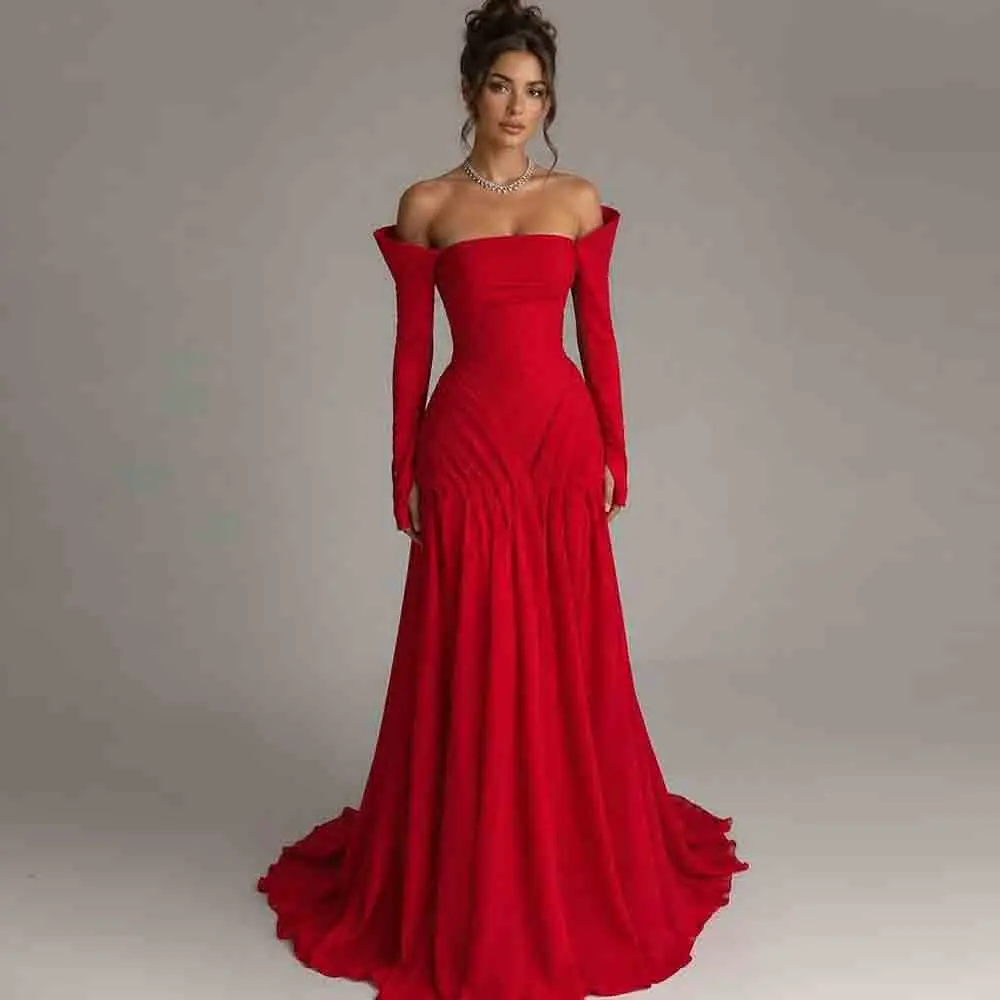 Maßgeschneidertes rotes schulterfreies Korsett-Abendkleid, elegantes langärmliges Chiffon-Festkleid für Damen als Hochzeitsgast
