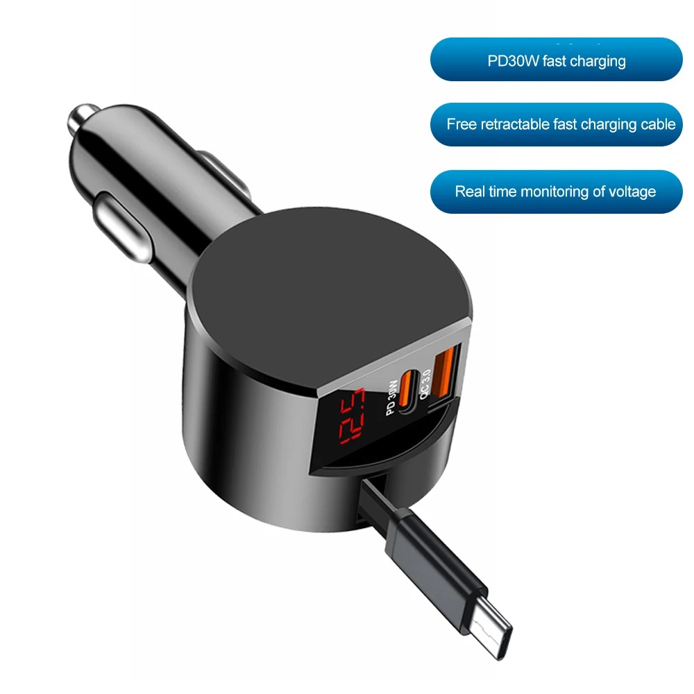 PD30W 3-in-1 einziehbares Autoladegerät, superschnelles Telefonladegerät, USB QC3.0 Typ-C Schnellladung mit Spannungsanzeige, kompatibel