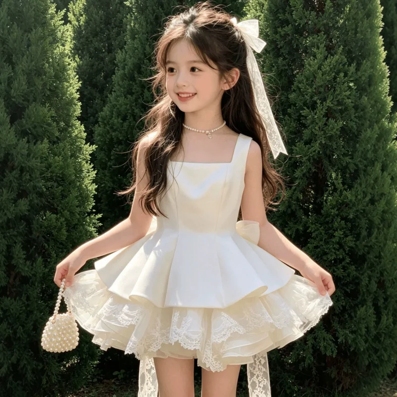 Girls' New Summer High-Quality Sleeveless Dress with Large Bow on the Back and Lace for Birthday