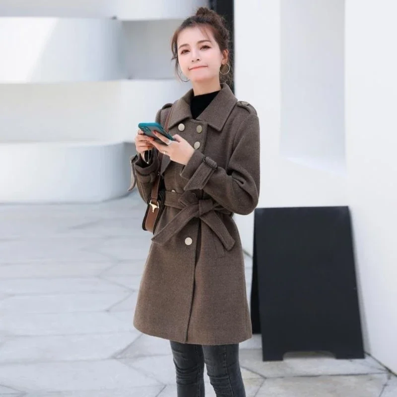 

New Arrival Women's Thickened Woolen Overcoat Mid Length Fitted Waist Hobo Style