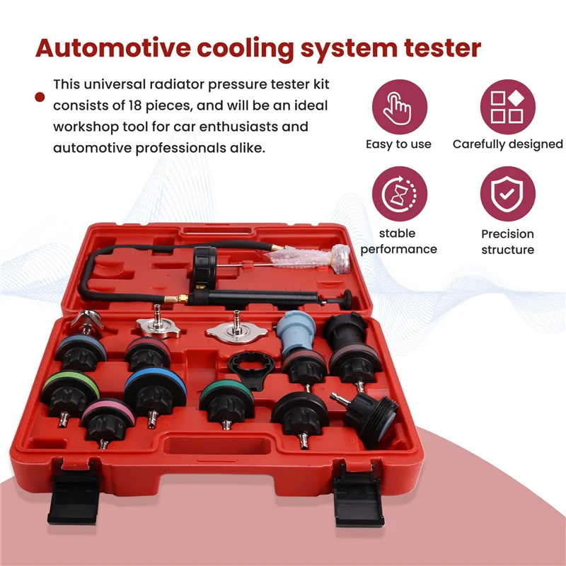 

H5-18Pcs Universal Radiator Pressure Tester Kit, Coolant Pressure Tester Kit Coolant Vacuum Refill Kit For Cooling System