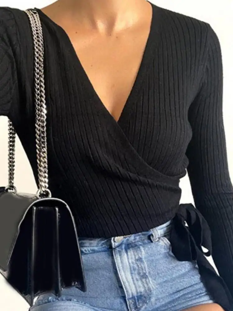 Suéter de Punto Simple de Color Puro con Cuello en V, Manga Larga, con Cinturón, Moda Femenina Otoño Invierno, Fibra de Polié...