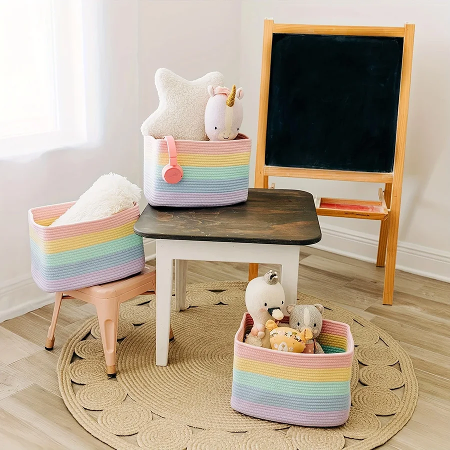 Rope Rainbow Storage Baskets for Shelves - Rainbow Baskets for Pastel Classroom Decor - Basket for Pastel Room Decor