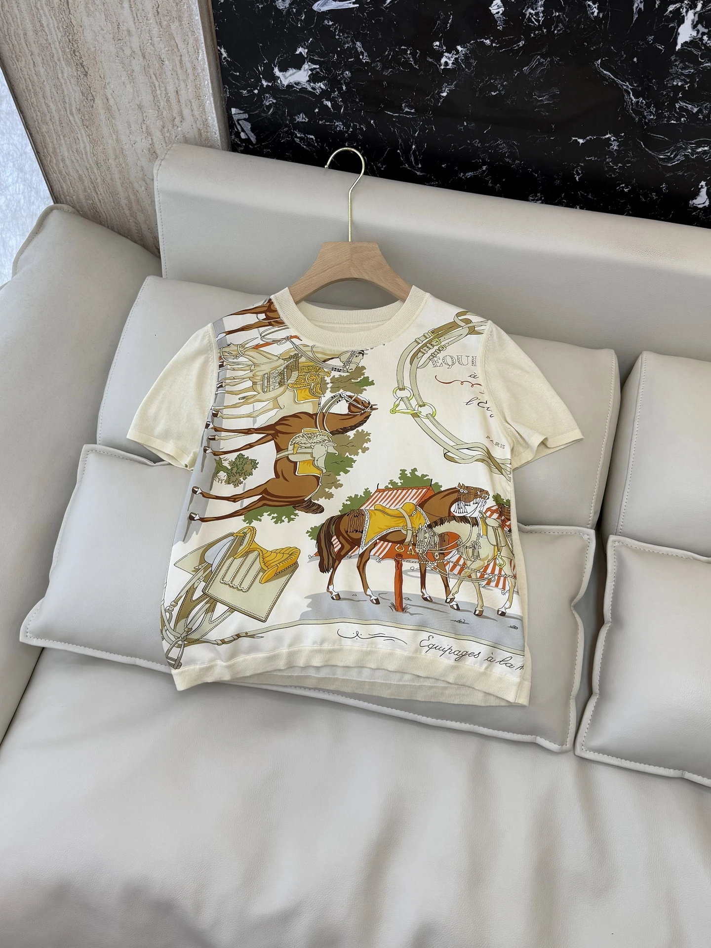 Summer New Arrival Women's Short Sleeve Knitted Shirt Silk Splicing Print Pattern Casual Style Comfortable Breathable Soft Silk