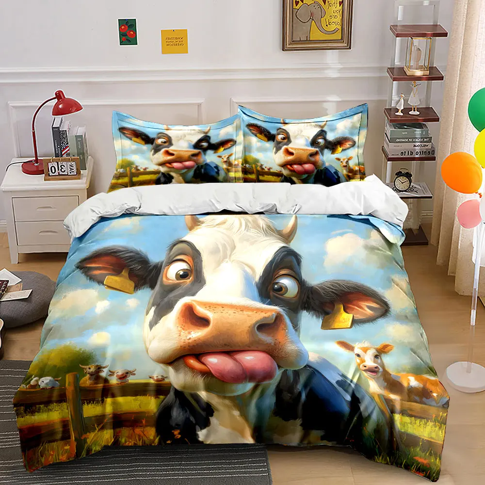 Playful cow sticking out tongue Pattern Duvet Cover Set Digital Print Colorful Polyester Bedding with Zipper Closur kids gifts