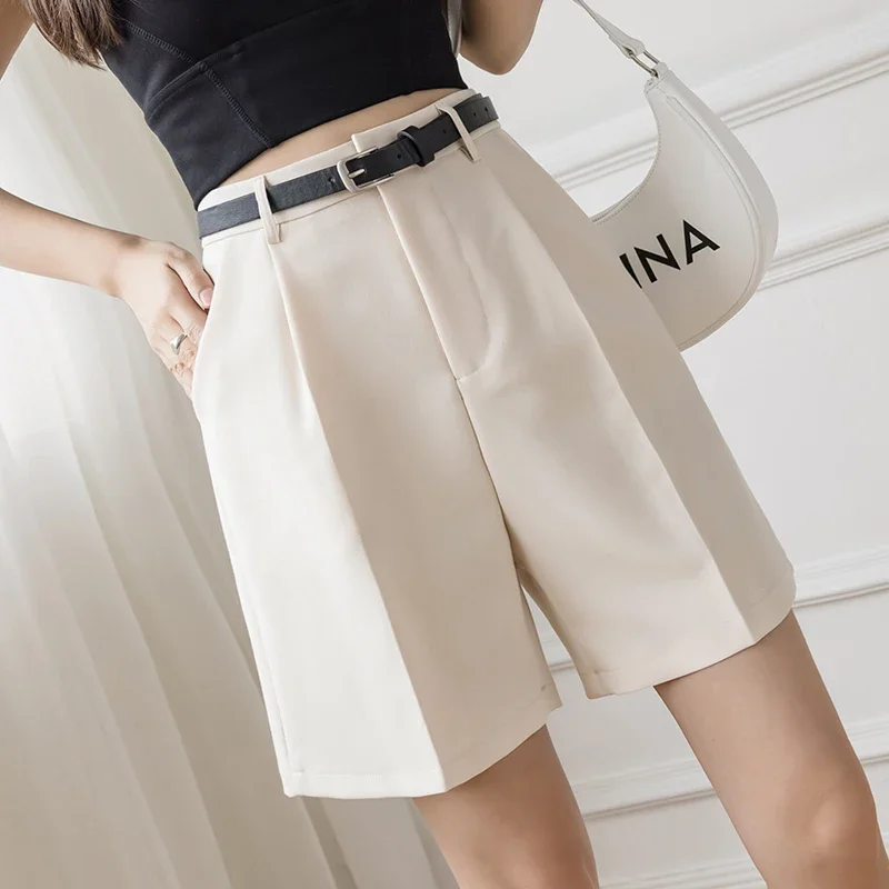 

High Street Drape Suit Shorts Women Casual Solid Color High Waist Zipper Shorts Office Lady Summer Bottoms With Belt Z473