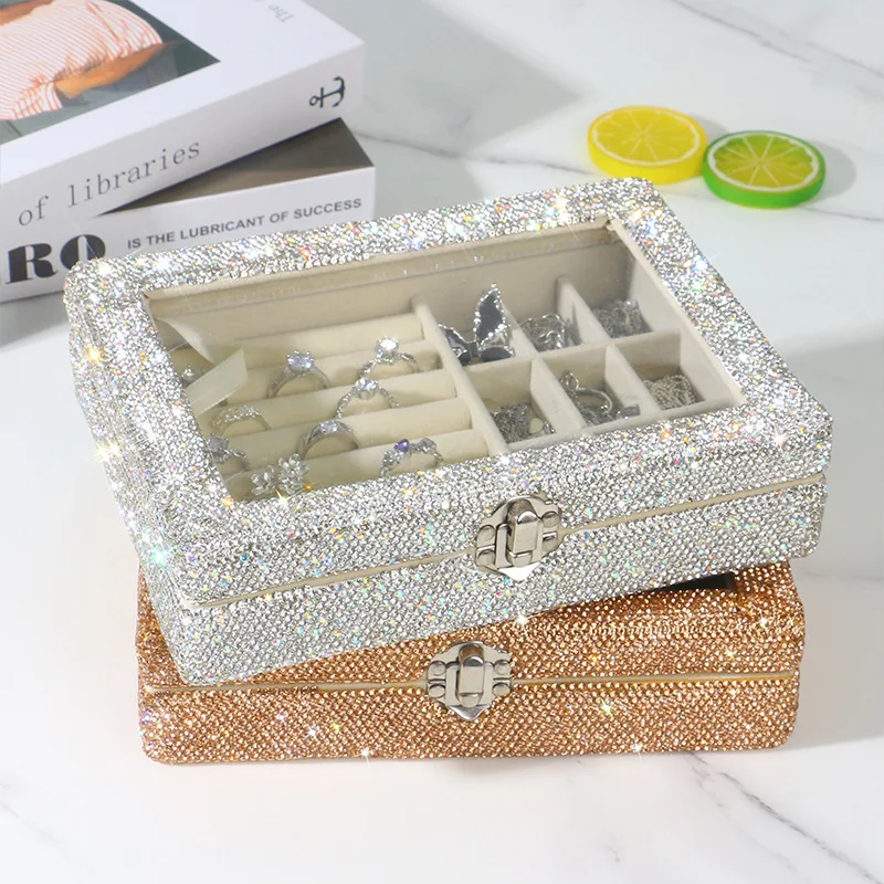 Fashion Rhinestone Portable Jewelry Storage Box Jewelry Display Organizer Tray Holder Earring Jewelry Box Showcase Locket Case