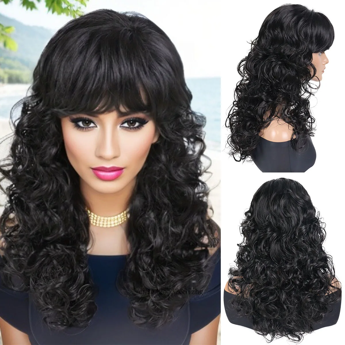 Synthetic Hair Black Women Wig with Bangs 24 Inches Long Curly Wig Natural Hairstyles Mommy Wigs Heat Resistant Fiber Fake Hair