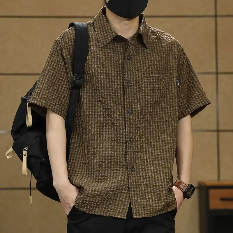 

Men's American Thin Ice Silk Plaid Short Sleeve Shirt Summer New High-End Half Sleeve Top Handsome Blouse