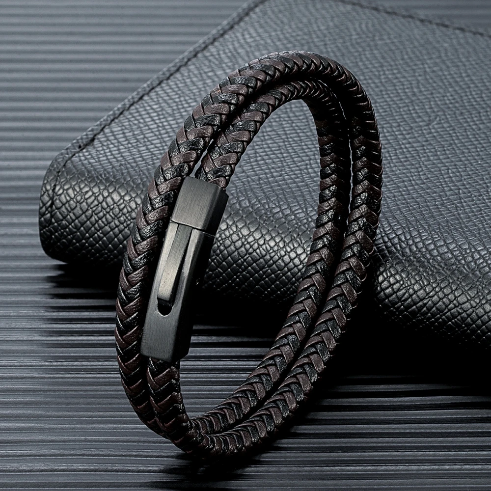MKENDN-سوار من الجلد المضفر للرجال ، إكسسوارات بأزرار من الفولاذ المقاوم للصدأ ، مجوهرات منسوجة يدويًا ، أسود غير لامع بسيط ، نمط كلاسيكي ، هدايا