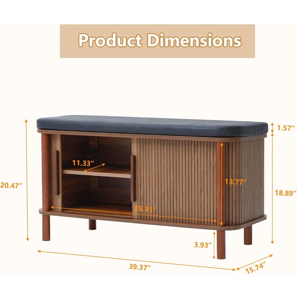 Entryway Shoe Cabinet with Leather Cushion and Sliding Door
