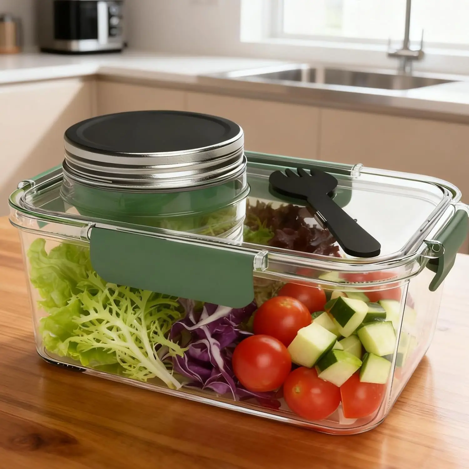 

Multi functional Salad Pod Mason Jar portable salad container with leak proof seasoning compartment