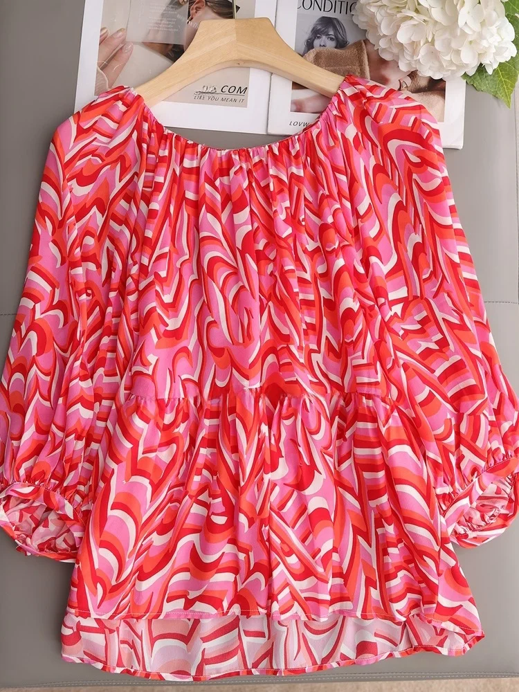 

Elegant Red Floral Print Silk Shirt Short Sleeve One-Shoulder Design Commute Style Women's Fashion Top Silk Blouse