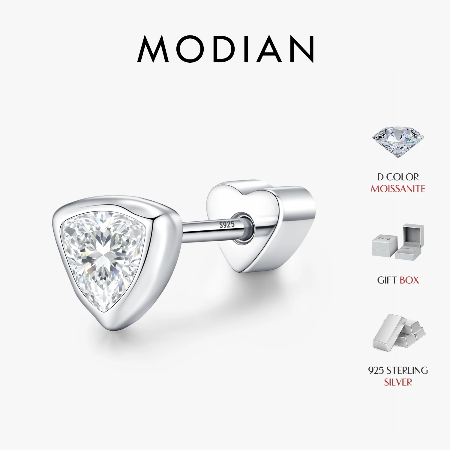 

MODIAN 925 Sterling Sliver 0.3CT Moissanite Tiny Ear Studs Simple Triangle Heart Screw Stud Earrings For Women Fine Jewelry