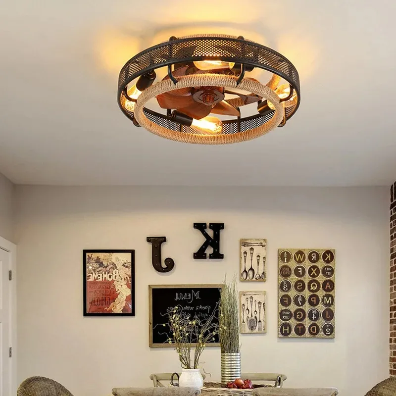 Amerikanischer Eisen-Deckenventilator mit Vintage-Hanfseil-Lampe für Schlafzimmer, Esszimmer, Wohnzimmer-Dekoration, Kronleuchter