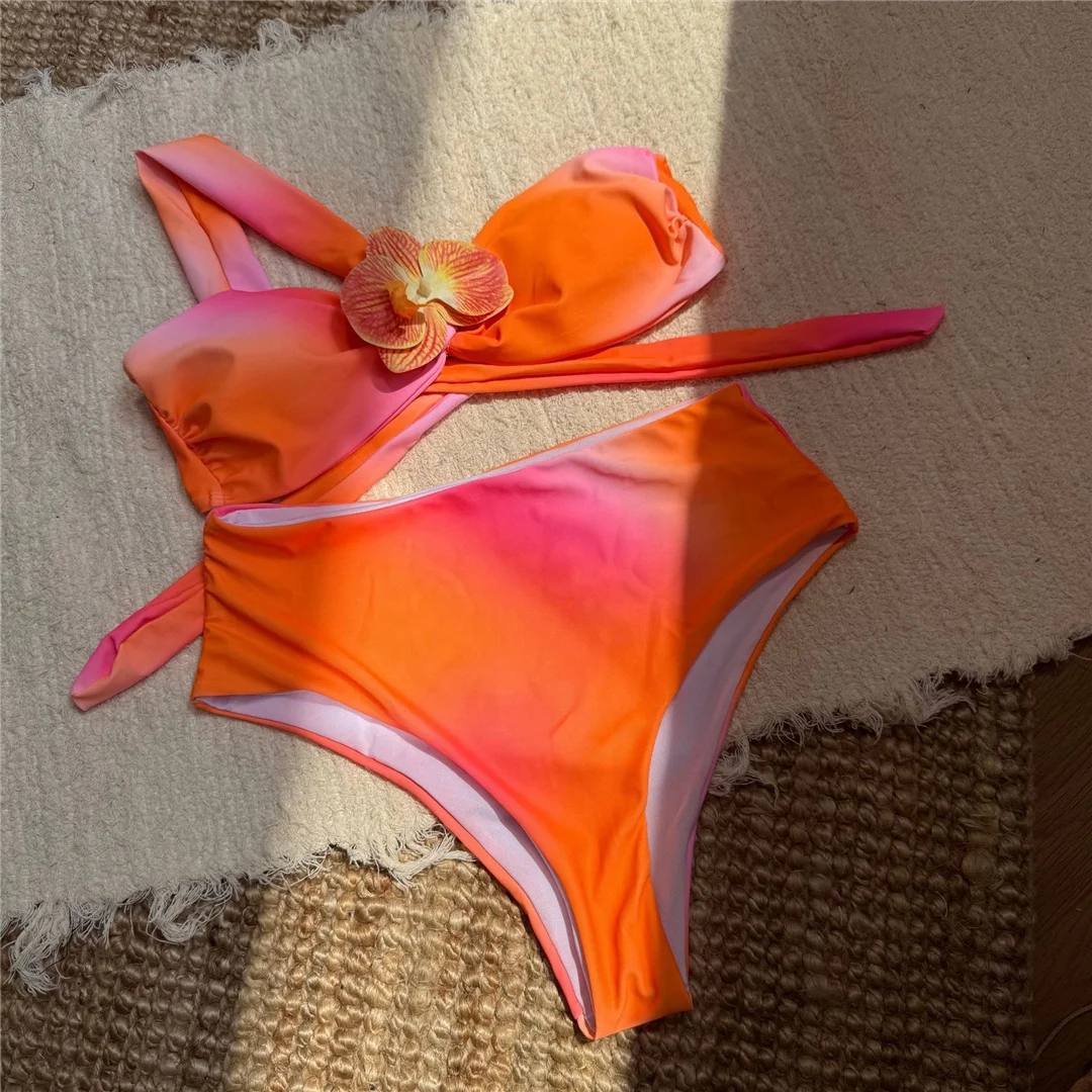3D-Blumen-Bikini mit Batikmuster, Damen-Badeanzug, hoch geschnittener Bikini, zweiteiliges Bikini-Set, gepolsterter Badeanzug, Badebekleidung, Modell V6988. – Detail 8