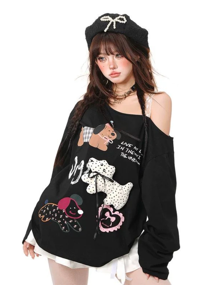 Kawaii Cute Gray 3D Cartoon Hoodies Y2k Aesthetic Women Lace Patchwork Off Shoulder Loose Tops Oversized Printing Sweatshirt