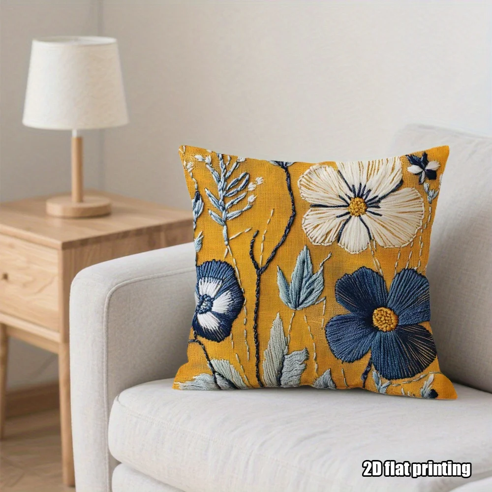 Double Sided Vintage Style Pillow Cover Yellow & Blue Wildflower Print Soft Boho Throw Pillow Case for Home Decor
