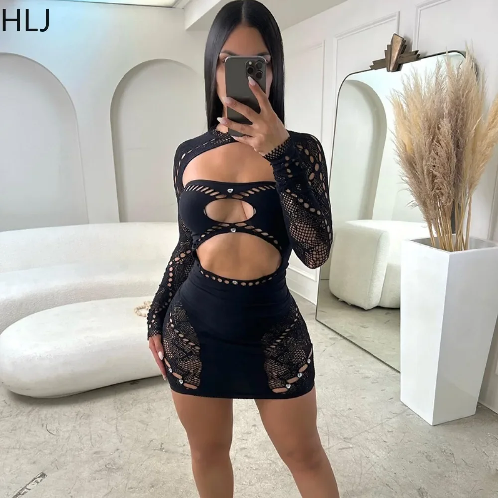 HLJ Sexy Knit Bodycon Mini Dress for Women Hollow Out Rhinestone Patchwork Stretch Chic Shawl +Dresses Female 2025 Spring New