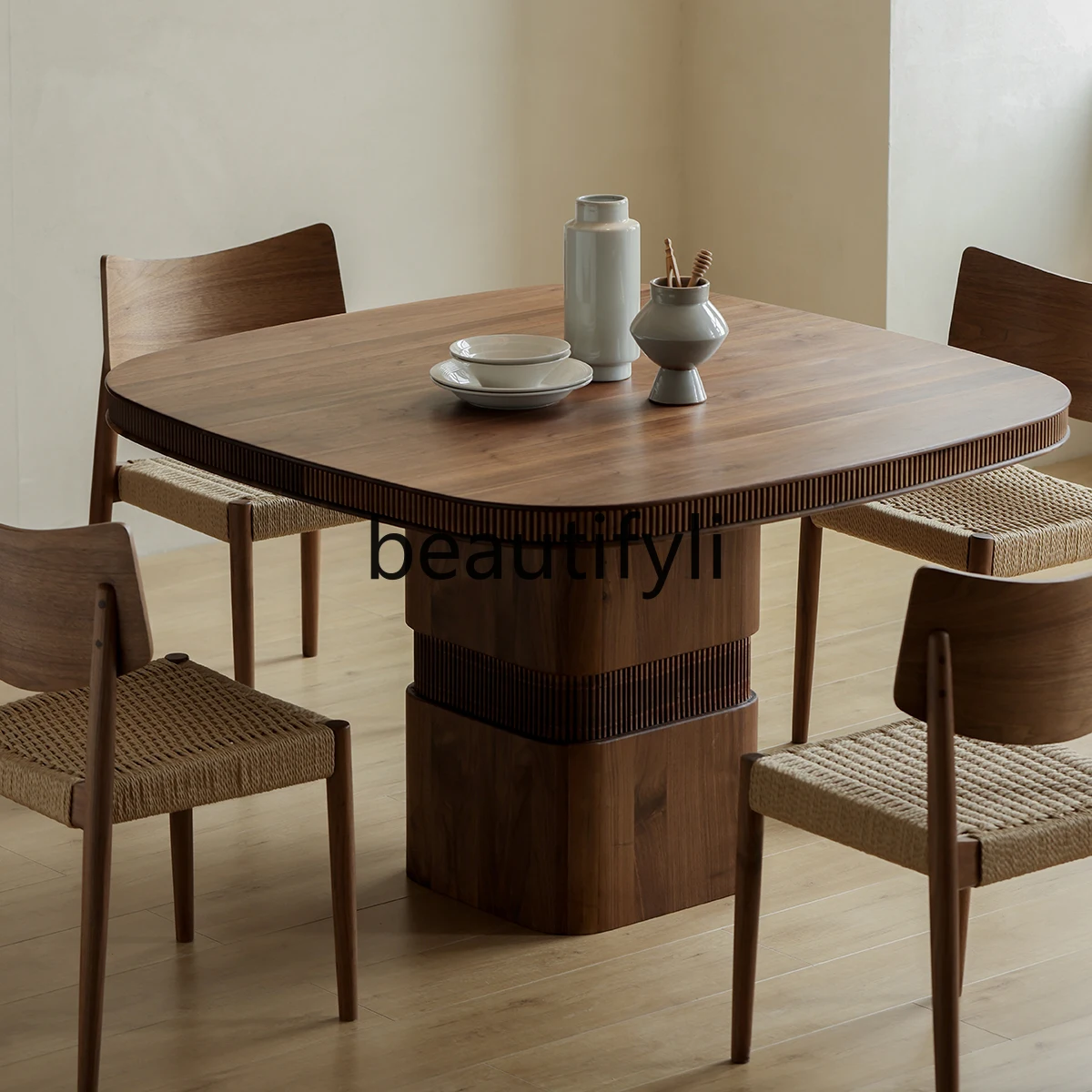 

Medieval black walnut square rounded corner dining table pure solid wood round table square table new Chinese retro