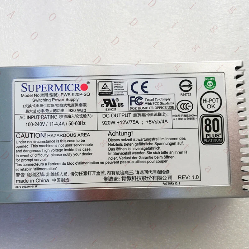 WW 920W Power Supply For Supermicro PWS-920P-SQ