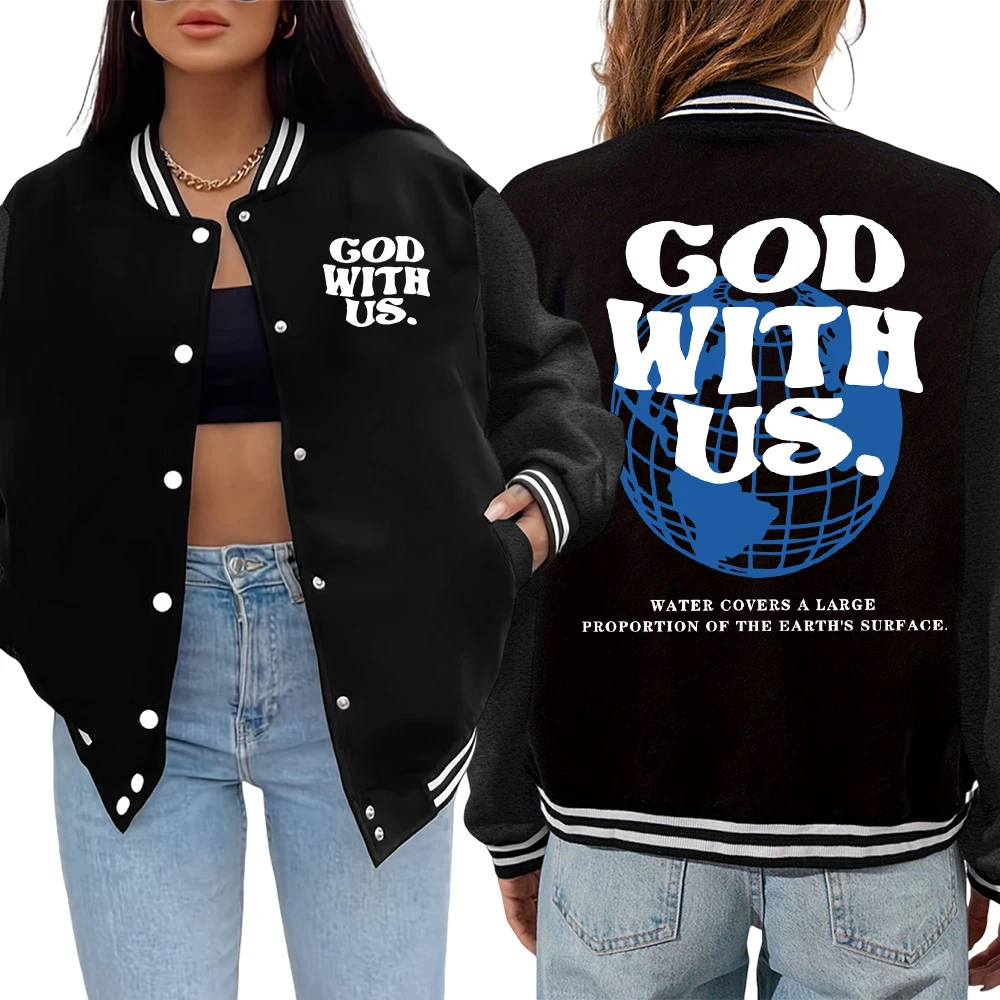

God With Us Water Covers Earth Prints Бейсбольный трикотаж Женские повседневные модные куртки Свободная универсальная уличная осенняя теплая куртка