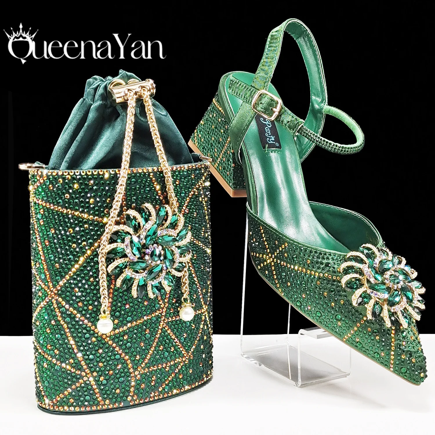 New Arrival Mature Rhinestone Decoation Design Green Color Party Wedding Pointed Toe Lady Shoes and Bag Set and A pair of shoes