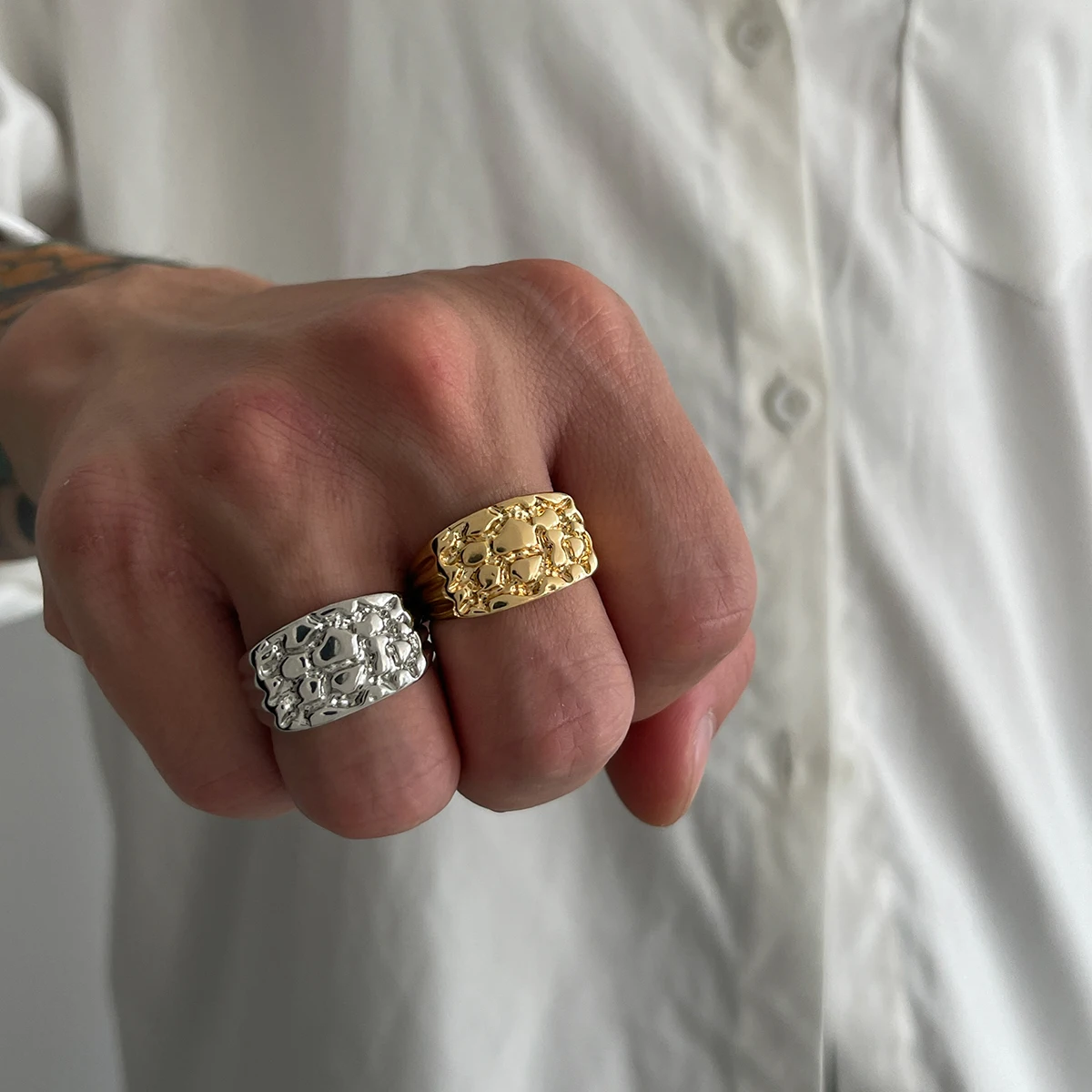 Ingemark Punk Metal Textured Open Rings for Men Women Fashion Gold Color Chunky Thick Rings Finger Unisex Jewelry Accessories