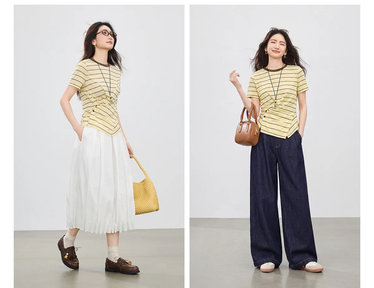 SENTUBILA Damen-Strickoberteil mit Rundhalsausschnitt und Kontraststreifen, Sommermode 2026, kurzärmeliges T-Shirt mit Twist-Front-Schlitz und Knöpfen Q62TC7208 – Detail 8
